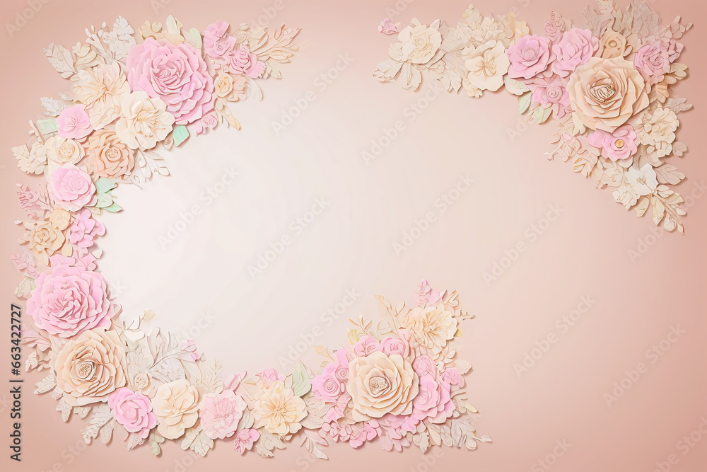 Vintage frame made of paper flowers on pink background with copy space.