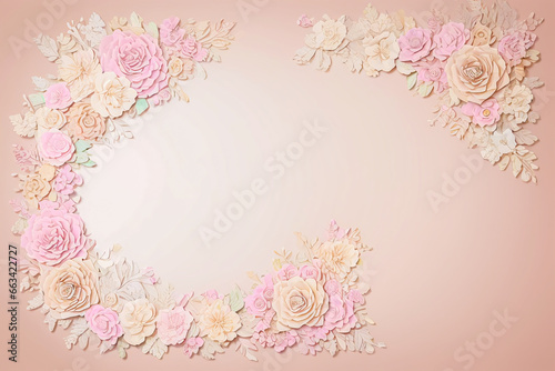 Vintage frame made of paper flowers on pink background with copy space.