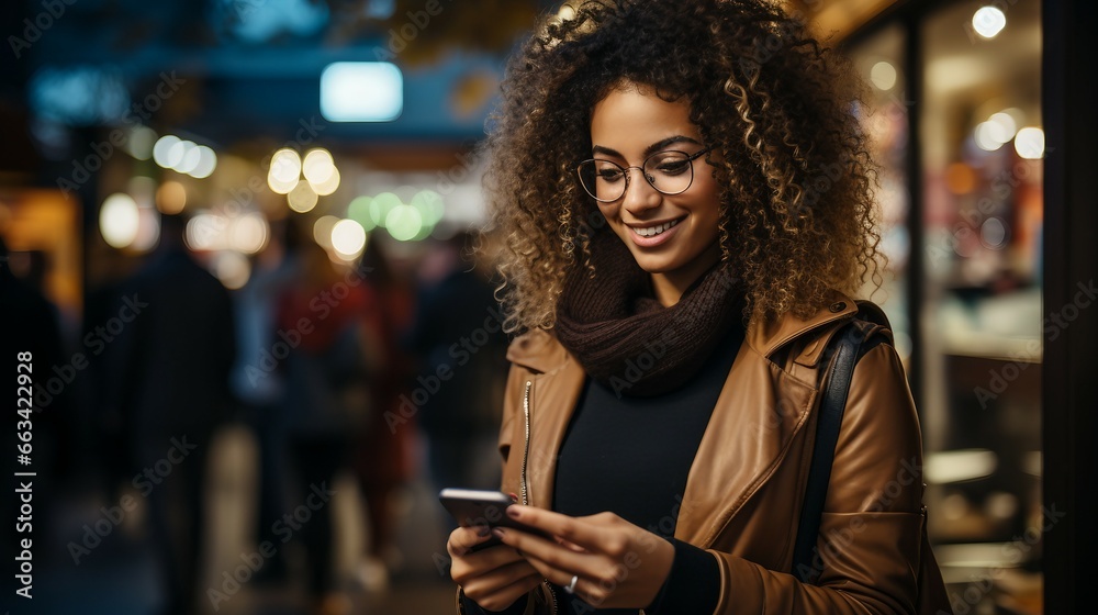 A beautiful woman with curly hair using smartphone