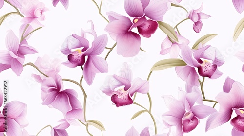  a pattern of pink orchids on a white background with green leaves and buds on the petals of the flowers  with a soft pink background.  generative ai