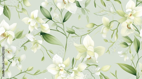  a floral pattern with white flowers and green leaves on a light green background  suitable for wallpaper  fabric  and other materials .  generative ai