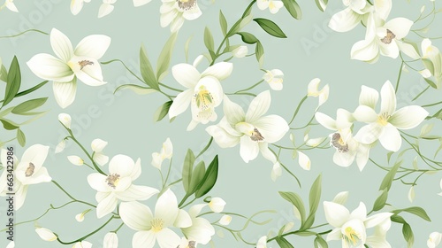  a floral pattern with white flowers and green leaves on a light blue background with a green stem in the center of the image is a branch. generative ai
