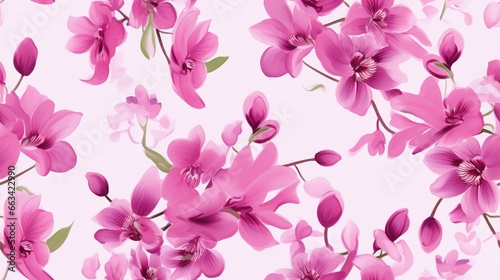  a pink flower wallpaper with pink flowers on a pink background with green leaves and buds on the stem of the flower, and a pink background.  generative ai