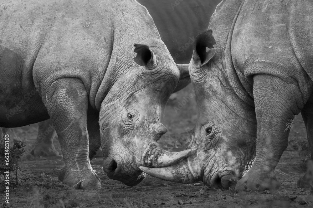Obraz premium Two white rhinos fighting in the late afternoon