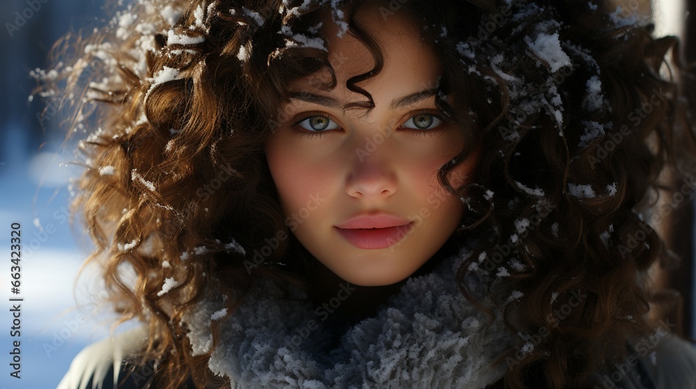 Curly Haired Woman in Winter Snow