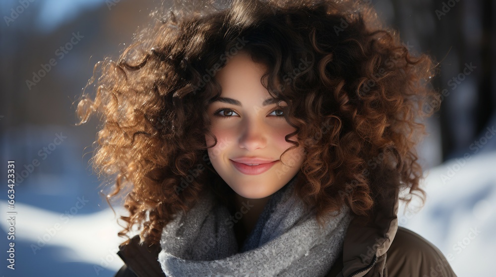 A woman with curly hair in the snow A woman with curly hair in the snow
