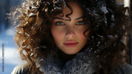 Curly Haired Woman in Winter Snow