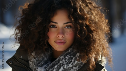 A woman with curly hair in the snow