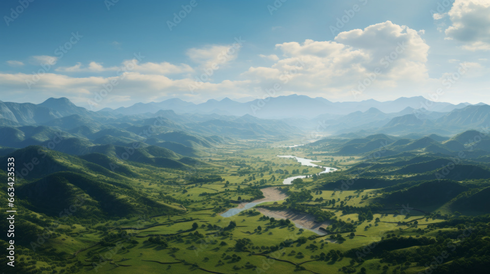 Naklejka premium A breathtaking view of a lush, green valley blanketed with fog, creating an ethereal atmosphere