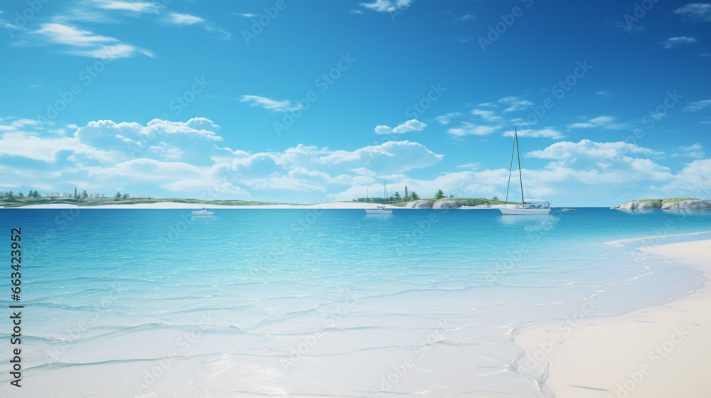 A breathtaking view of an expansive sandy beach, with crystal clear waters and a few boats sailing on the horizon 