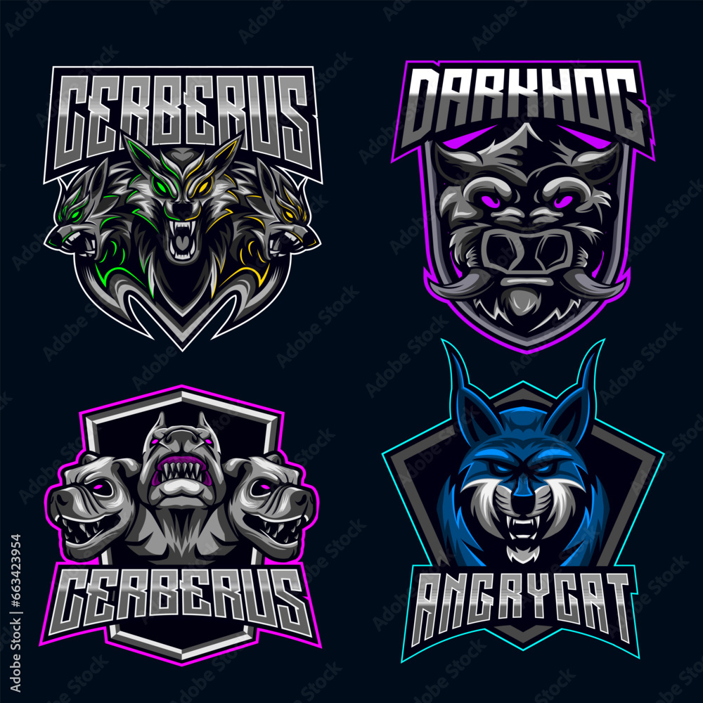 Obraz premium Warthog Cerberus Cat Character set Logo E-sport Mascot Design Bundle Set icon collection vector illustration gaming team