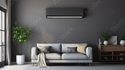 modern living room with sofa with air conditioner on wall generated by AI tool