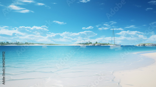 A breathtaking view of an expansive sandy beach  with crystal clear waters and a few boats sailing on the horizon 