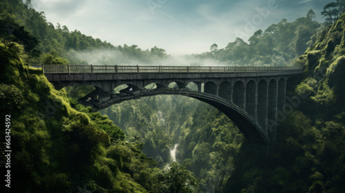 A bridge spanning a deep ravine, connecting two valleys of lush, green forests photo