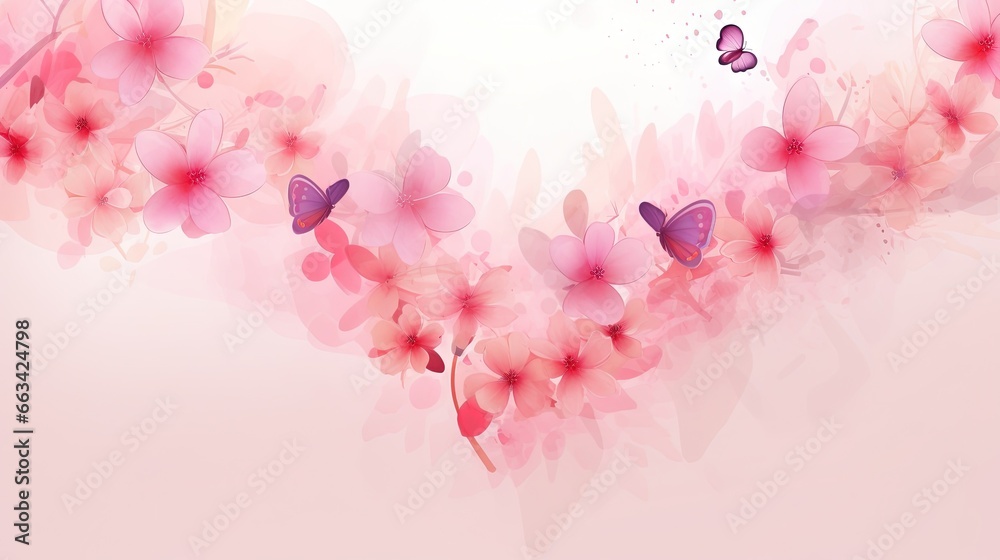  pink flowers and butterflies on a light pink background with space for text or image with a place for your own text or image with a butterfly.  generative ai
