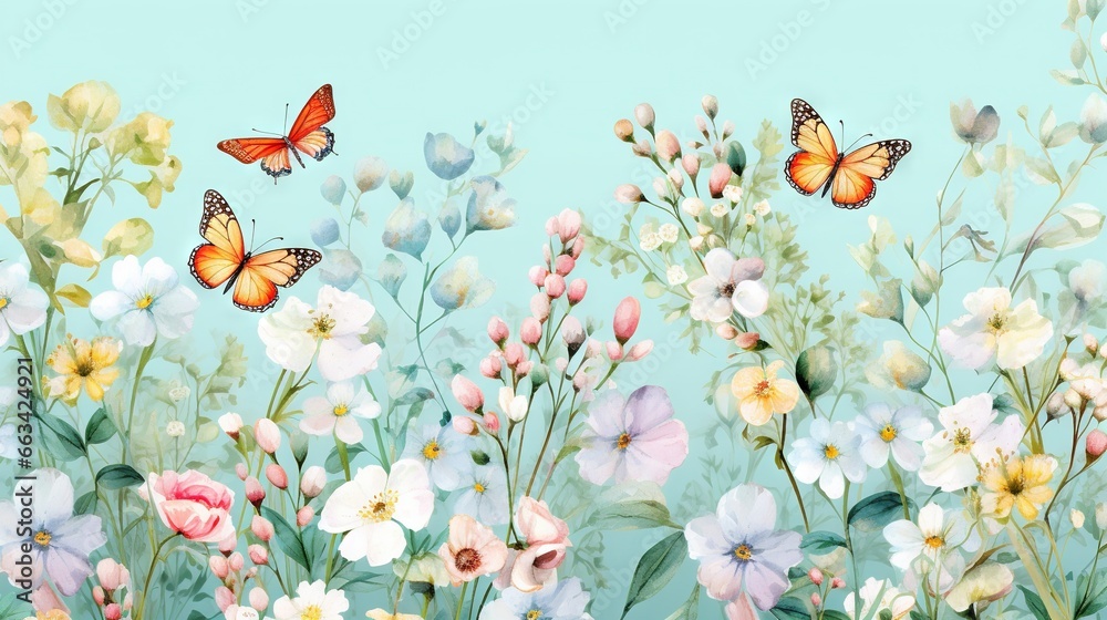  a painting of a field of flowers with butterflies flying over them and a blue sky background with a few white, pink, and yellow flowers.  generative ai - obrazy, fototapety, plakaty 