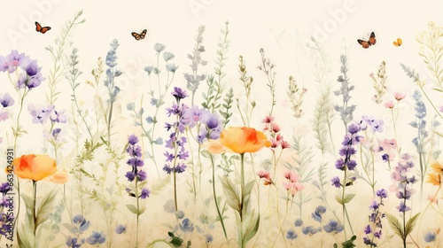  a painting of a field of flowers with butterflies flying over it and a white wall in the background with purple and orange flowers and lavender flowers.  generative ai © Nadia