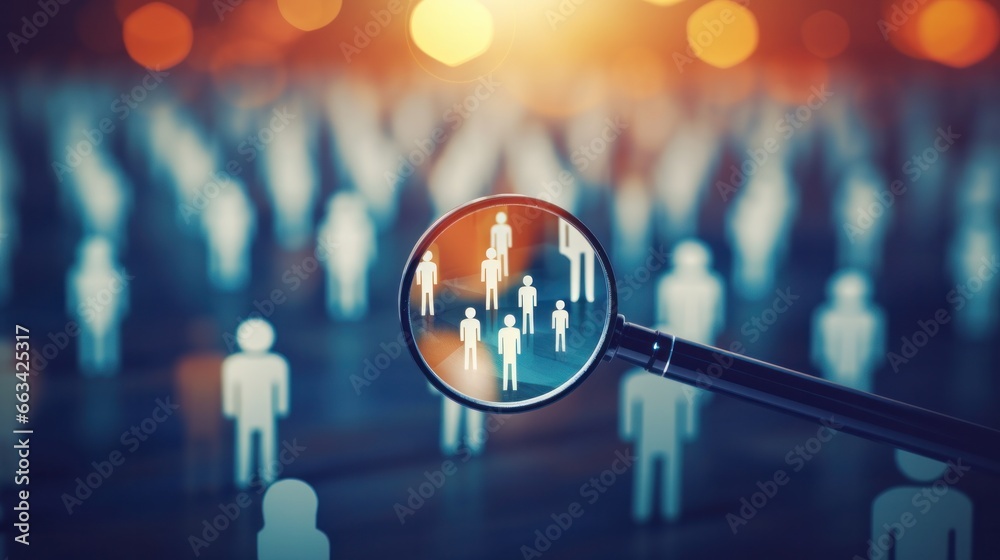 HRM or Human Resource Management, Magnifier glass focus to manager icon which is among staff icons for human development recruitment leadership and customer target --ar 16:9 --s 300 - obrazy, fototapety, plakaty 
