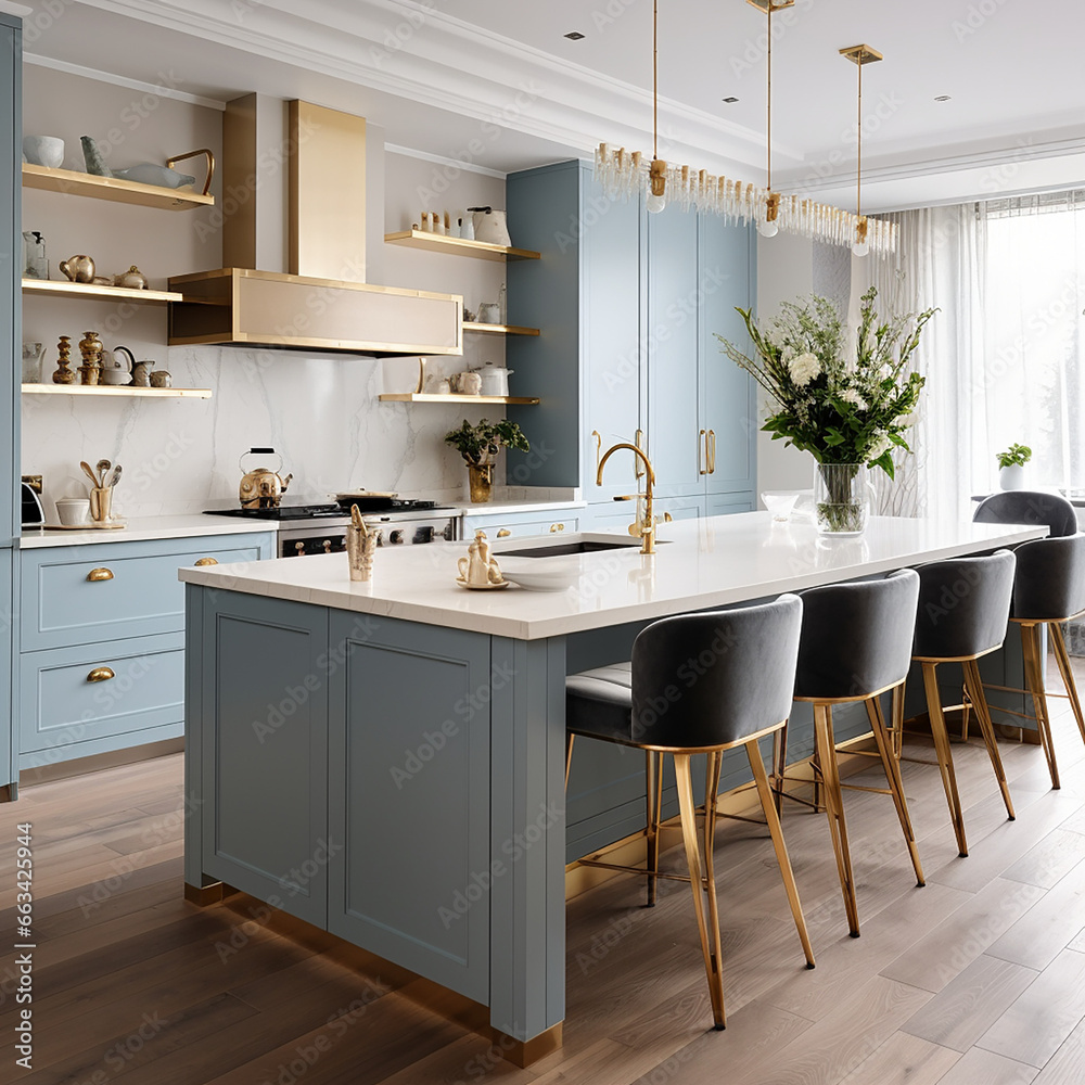 modern kitchen interior with blue shade created with Generative Ai