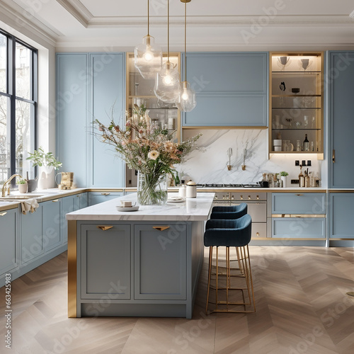 modern kitchen interior with blue shade created with Generative Ai