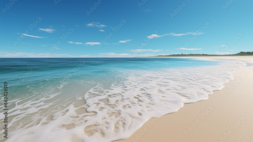 A bright, sunny beach stretches out before you, with rolling waves crashing onto the shore The sky is a deep, brilliant blue, and the sun is shining brightly