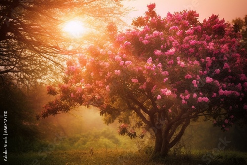 Tree with pink flowers in beautiful sunlight. Generative AI © Kellen