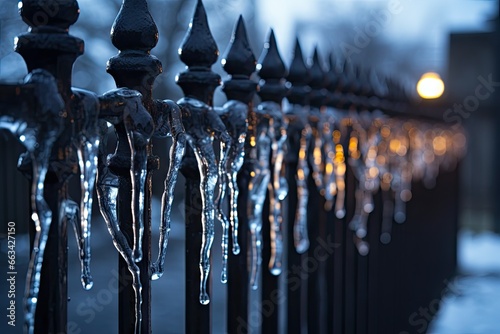  a fence with icicles hanging from it and a street light in the background. generative ai
