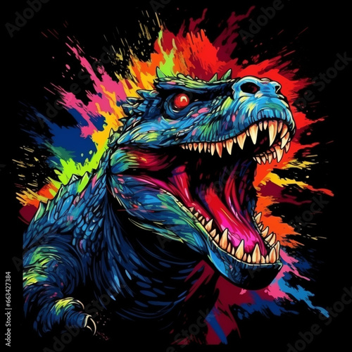 Godzilla. Abstract, neon, multi-colored portrait of a Godzilla on a dark background. Generative AI