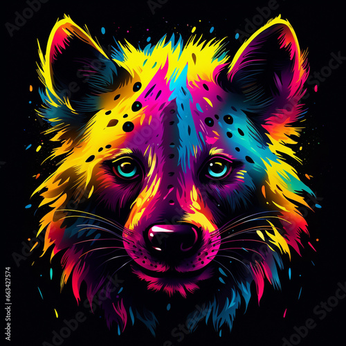 Hyena. Abstract, neon, multi-colored portrait of a hyena on a dark background. Generative AI photo