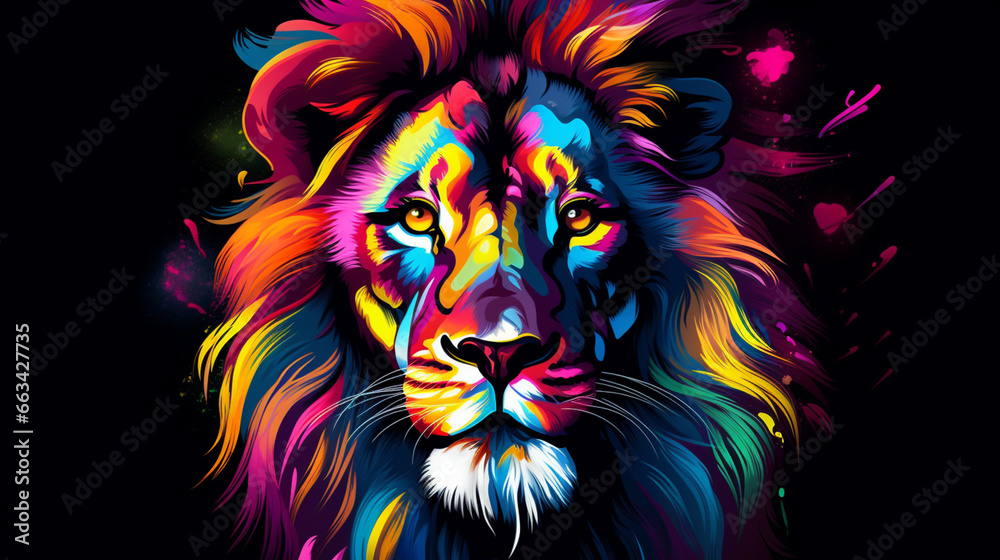 Ling King. Abstract, neon, multi-colored portrait of a Lion king on a dark background. Generative AI