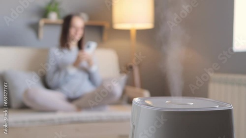 Health microclimate at home. Brown haired woman sitting with air purifier and moisturizer appliance on sofa monitoring air quality in phone.