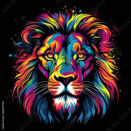 Ling King. Abstract  neon  multi-colored portrait of a Lion king on a dark background. Generative AI