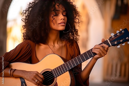 Beautiful black woman singing the acoustic song and playing the guitar
