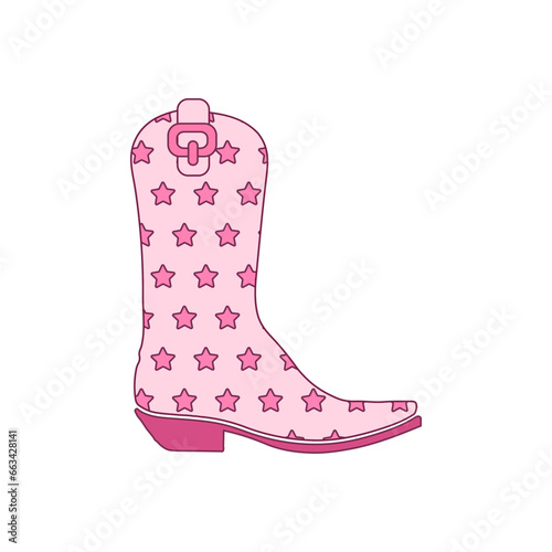 Pink cowboy boot with girlish starry ornament decor. Cute Cowgirl's shoes.