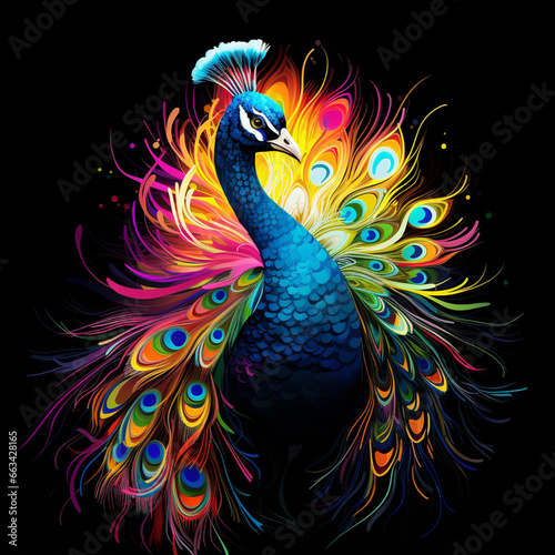 Peacock. Abstract, neon, multi-colored portrait of a peacock on a dark background. Generative AI