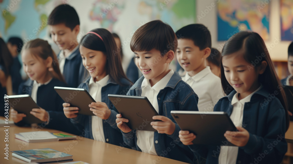 Students in an Asian smart classroom using digital tablets for interactive learning Students in an Asian smart classroom using digital tablets for interactive learning