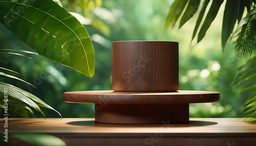 Product demonstration with a wooden podium in front of a vibrantly green backdrop of a lush tropical forest.3D modeling