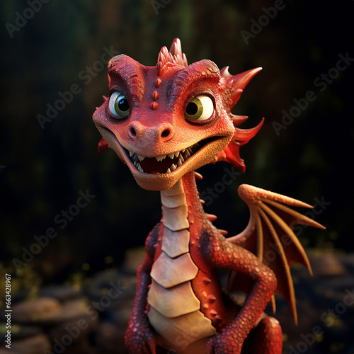 A highly detailed red dragon in vibrant 3D graphic pop-up design, boasting an excellent color combination of red and primary colors, accentuated by perfect lighting. Generative AI. © Surachetsh
