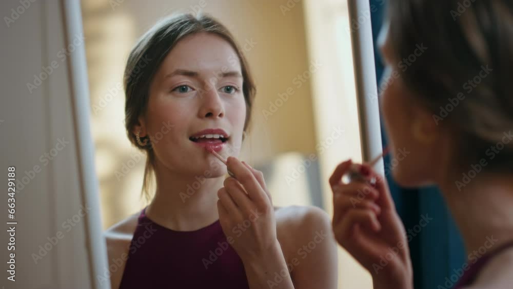 Woman applying shiny lipstick in mirror reflection closeup. Attractive girl do Woman applying shiny lipstick in mirror reflection closeup. Attractive girl do