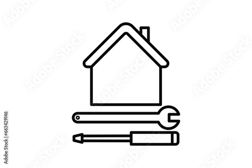 Construction Tools Icon. house with screwdriver and wrench. icon related to Real estate. suitable for web site, app, user interfaces, printable etc. Line icon style. Simple vector design editable