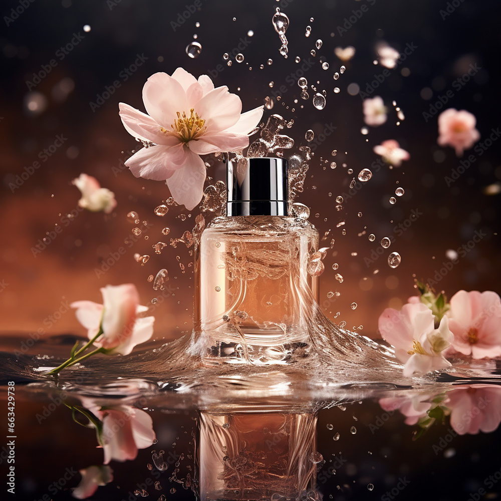 perfume spray in a jar on a background of flowers and drop of waters created with Generative Ai perfume spray in a jar on a background of flowers and drop of waters created with Generative Ai