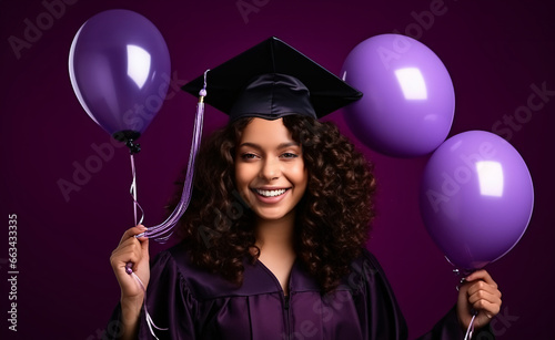 Horizontal shot of cheerful curly haired woman makes face palm dressed formally holds inflated balloons comes on graduation party celebrates her accomplishment isolated over purple background