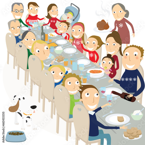Beautiful happy family gathered around the table, having Christmas dinner all together at home. Vector Illustration.