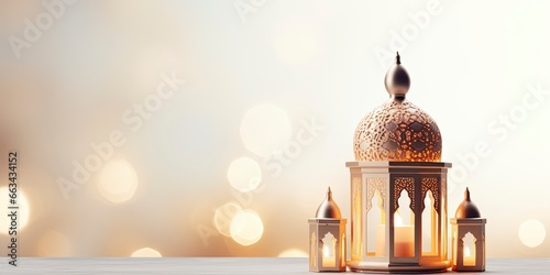 Celebration of islamic eid mubarak and eid al adha lantern in a light background.