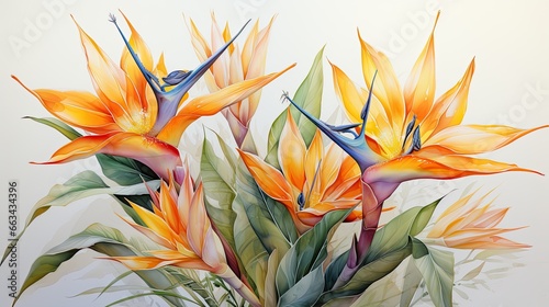 strelitzia reginae also called flower of paradise in watercolor format.