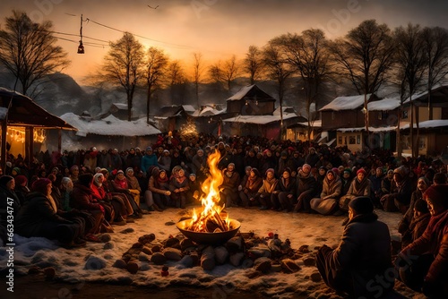 A cozy, candle-lit village square adorned with festive decorations and a communal bonfire, as residents gather to welcome the New Year together