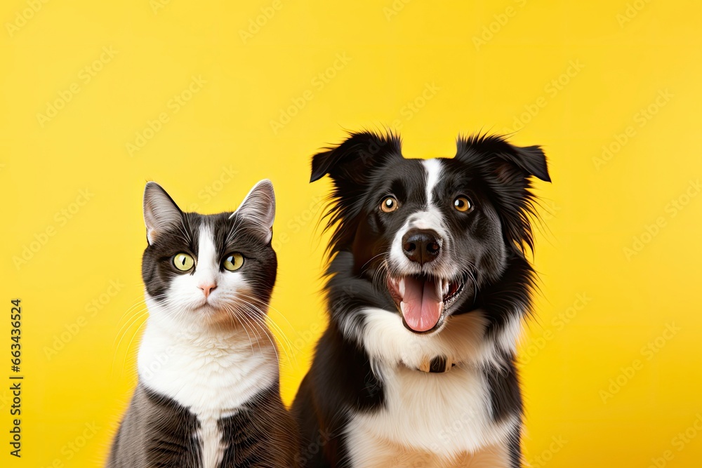 Cat and dog together with happy expressions on yellow background. Cat and dog together with happy expressions on yellow background.