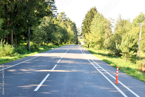 Transport. Asphalt highway with bicycle path in deciduous forest