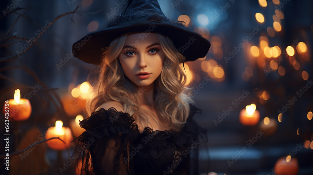 Fototapeta premium Young woman dressed in a witch costume, on Halloween.