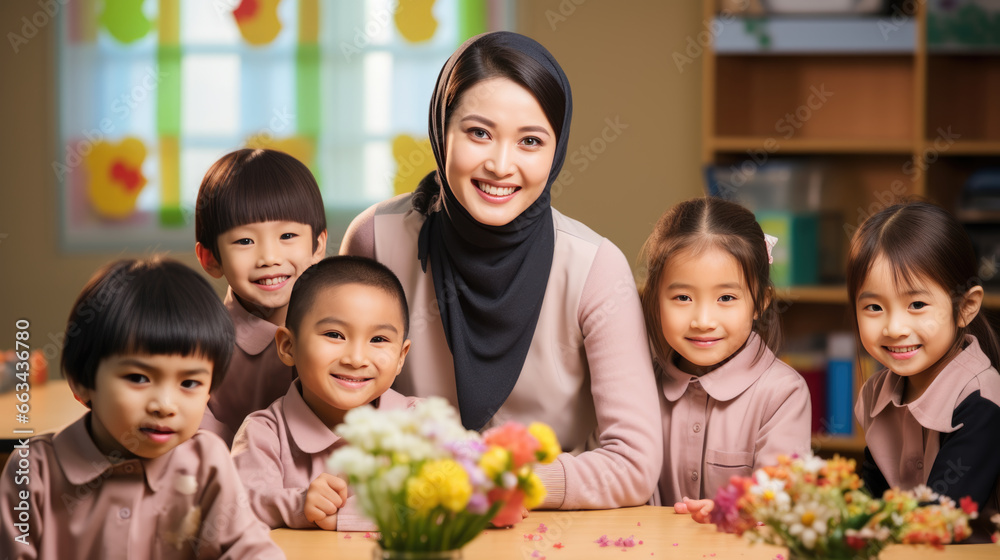 A teacher in a kindergarten or elementary school surrounded by her students. A teacher in a kindergarten or elementary school surrounded by her students.